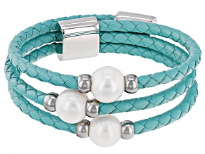 White Cultured Freshwater Pearl Stainless Steel With Teal Imitation Leather Bracelet