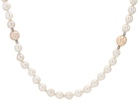 Peach & White Cultured Freshwater Pearl Rhodium Over Sterling Silver 32 Inch Necklace