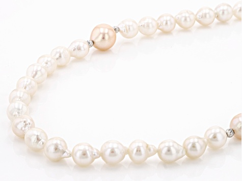 Peach & White Cultured Freshwater Pearl Rhodium Over Sterling Silver 32 Inch Necklace