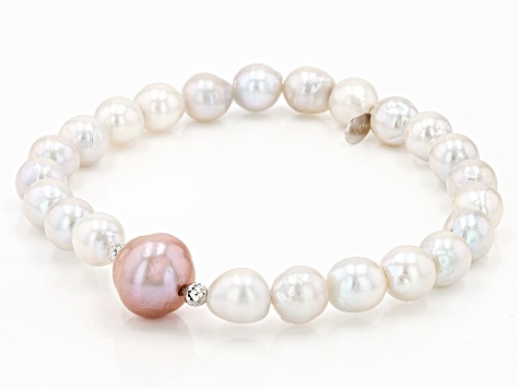Lavender & White Cultured Freshwater Pearl Rhodium Over Sterling Silver Stretch Bracelet