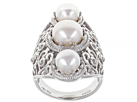 White Cultured Freshwater Pearl Rhodium Over Sterling Silver Ring