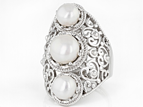 White Cultured Freshwater Pearl Rhodium Over Sterling Silver Ring