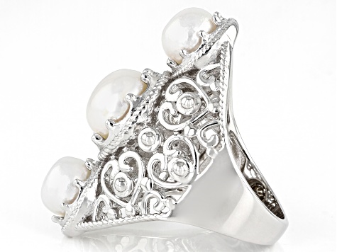 White Cultured Freshwater Pearl Rhodium Over Sterling Silver Ring