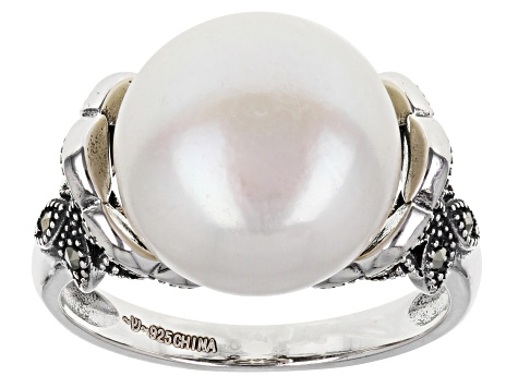 White Cultured Freshwater Pearl & Marcasite Rhodium Over Sterling Silver Ring