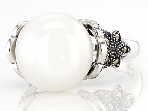 White Cultured Freshwater Pearl & Marcasite Rhodium Over Sterling Silver Ring