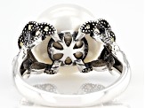 White Cultured Freshwater Pearl & Marcasite Rhodium Over Sterling Silver Ring