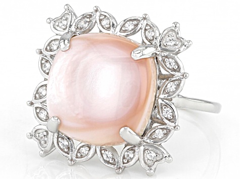 Pink Mother-of-Pearl With White Zircon Rhodium Over Sterling Silver Ring