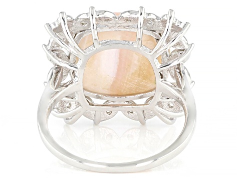 Pink Mother-of-Pearl With White Zircon Rhodium Over Sterling Silver Ring