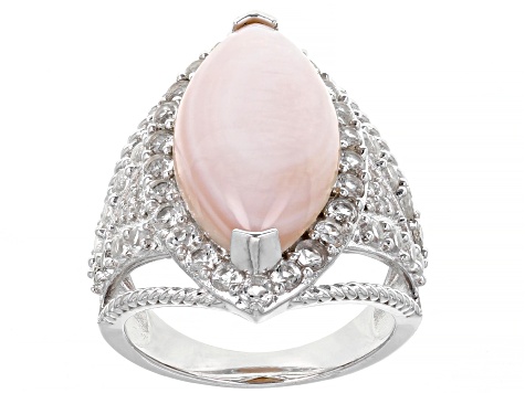 Pink Mother-of-Pearl With White Topaz & White Zircon Rhodium Over Silver Ring