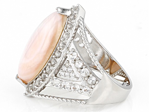 Pink Mother-of-Pearl With White Topaz & White Zircon Rhodium Over Silver Ring
