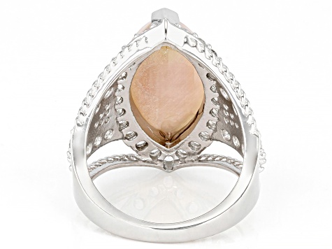 Pink Mother-of-Pearl With White Topaz & White Zircon Rhodium Over Silver Ring