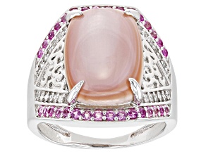 Pink Mother-Of-Pearl With Lab Pink Sapphire & White Zircon Rhodium Over Silver Ring