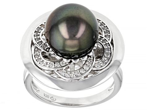 Cultured Tahitian Pearl With White Zircon Rhodium Over Sterling Silver Ring