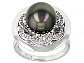 Cultured Tahitian Pearl With White Zircon Rhodium Over Sterling Silver Ring