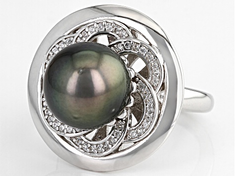 Cultured Tahitian Pearl With White Zircon Rhodium Over Sterling Silver Ring