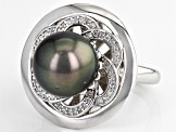 Cultured Tahitian Pearl With White Zircon Rhodium Over Sterling Silver Ring