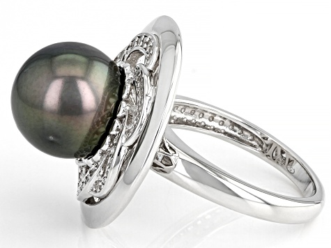 Cultured Tahitian Pearl With White Zircon Rhodium Over Sterling Silver Ring