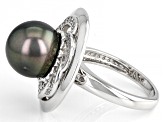 Cultured Tahitian Pearl With White Zircon Rhodium Over Sterling Silver Ring