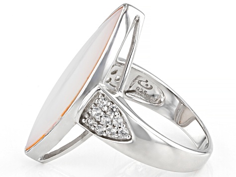 Pink South Sea Mother-Of-Pearl & White Zircon Rhodium Over Sterling Silver Ring