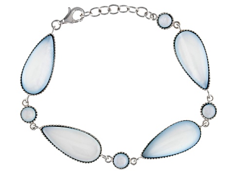 Blue South Sea Mother-Of-Pearl Rhodium Over Sterling Silver 7 Inch Bracelet