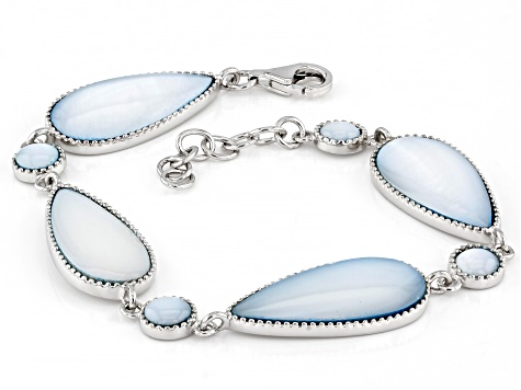 Blue South Sea Mother-Of-Pearl Rhodium Over Sterling Silver 7 Inch Bracelet
