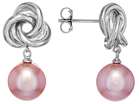 Pink Cultured Kasumiga Pearl Rhodium Over Sterling Silver Earrings