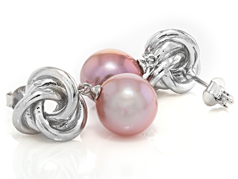 Pink Cultured Kasumiga Pearl Rhodium Over Sterling Silver Earrings