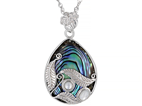 Abalone Shell & White Mother-Of-Pearl Rhodium Over Sterling Silver Pendant With Chain