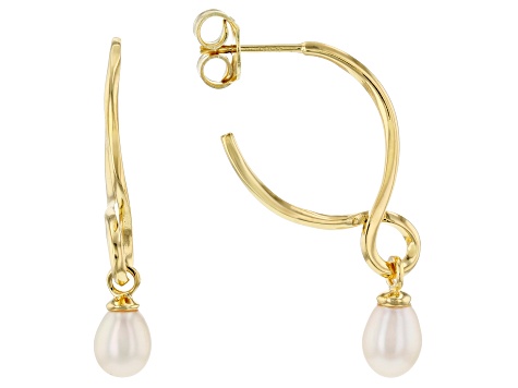 White Cultured Freshwater Pearl 18k Yellow Gold Over Sterling Silver Earrings