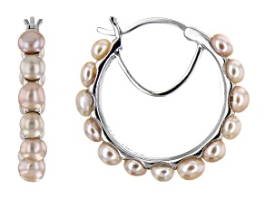 Pink Cultured Freshwater Pearl Rhodium Over Sterling Silver Hoop Earrings