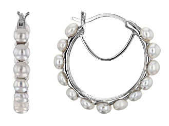 White Cultured Freshwater Pearl Rhodium Over Sterling Silver Hoop Earrings