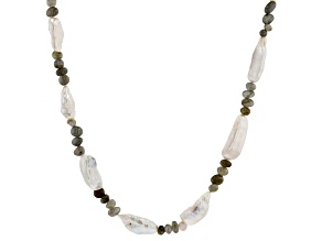 White Cultured Freshwater Pearl & Labradorite Rhodium Over Sterling Silver 32 inch Necklace