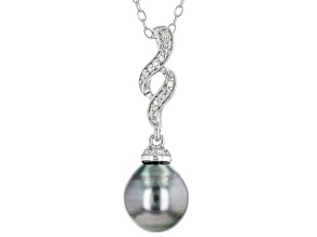 Cultured Tahitian Pearl With Diamond Accent  Rhodium Over Sterling Silver Pendant With Chain