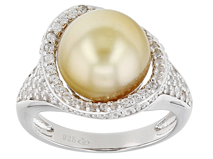 Golden Cultured South Sea Pearl With White Zircon Rhodium Over