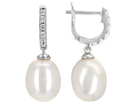 White Cultured Freshwater Pearl & Cubic Zirconia Rhodium Over Sterling Silver Earrings
