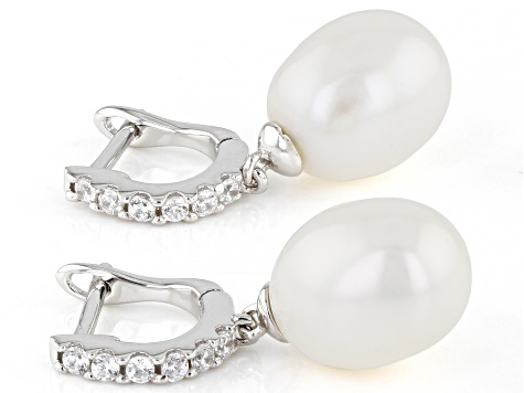 White Cultured Freshwater Pearl & Cubic Zirconia Rhodium Over Sterling Silver Earrings