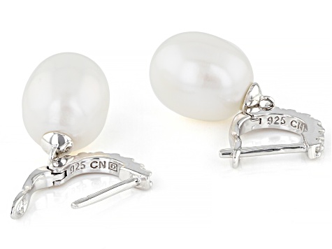 White Cultured Freshwater Pearl & Cubic Zirconia Rhodium Over Sterling Silver Earrings