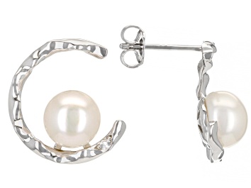 Picture of White Cultured Freshwater Pearl With Lab Created Sapphire Rhodium Over Silver Earrings