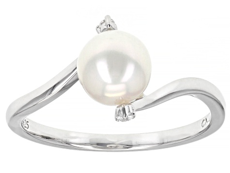 White Cultured Freshwater Pearl With Lab Created Sapphire Rhodium Over Sterling Silver Ring