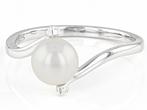 White Cultured Freshwater Pearl With Lab Created Sapphire Rhodium Over Sterling Silver Ring