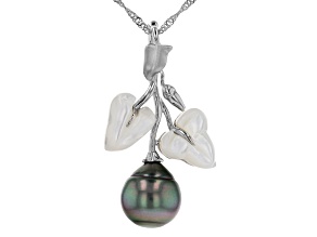 Cultured Tahitian Pearl & White South Sea Mother-Of-Pearl Rhodium Over Silver Pendant With Chain