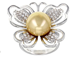 Golden Cultured South Sea Pearl With White Zircon Rhodium Over Sterling Silver Ring
