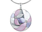 Multi Color South Sea Mother-Of-Pearl With White Zircon Rhodium Over Silver Pendant With Chain