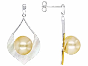 Golden Cultured South Sea Pearl and South Sea Mother-Of-Pearl Rhodium Over Silver Earrings