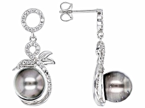 Cultured Tahitian Pearl & White Zircon Rhodium Over Sterling Silver Earrings