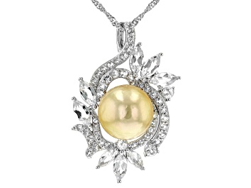 Picture of Golden Cultured South Sea Pearl & White Zircon Rhodium Over Sterling Silver Pendant With Chain