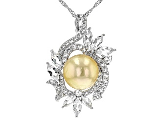 Golden Cultured South Sea Pearl & White Topaz Rhodium Over Sterling Silver Pendant With Chain