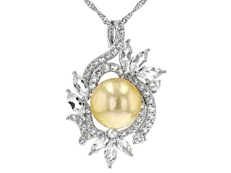 Golden Cultured South Sea Pearl & White Topaz Rhodium Over Sterling Silver Pendant With Chain