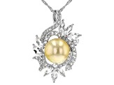 Golden Cultured South Sea Pearl & White Topaz Rhodium Over Sterling Silver Pendant With Chain