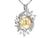 Golden Cultured South Sea Pearl & White Topaz Rhodium Over Sterling Silver Pendant With Chain